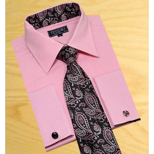 Tessori  Rose With Light Pink wavy  Pinstripe Dress Shirt With / Tie / Hanky Set With Free Cufflinks SH-302